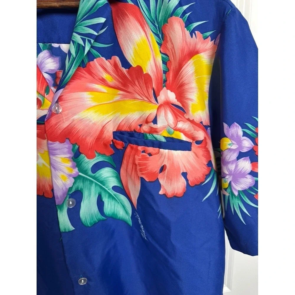 Royal Creations Hawaii Mens Blue Tropical Floral Hibiscus Shirt Size Medium